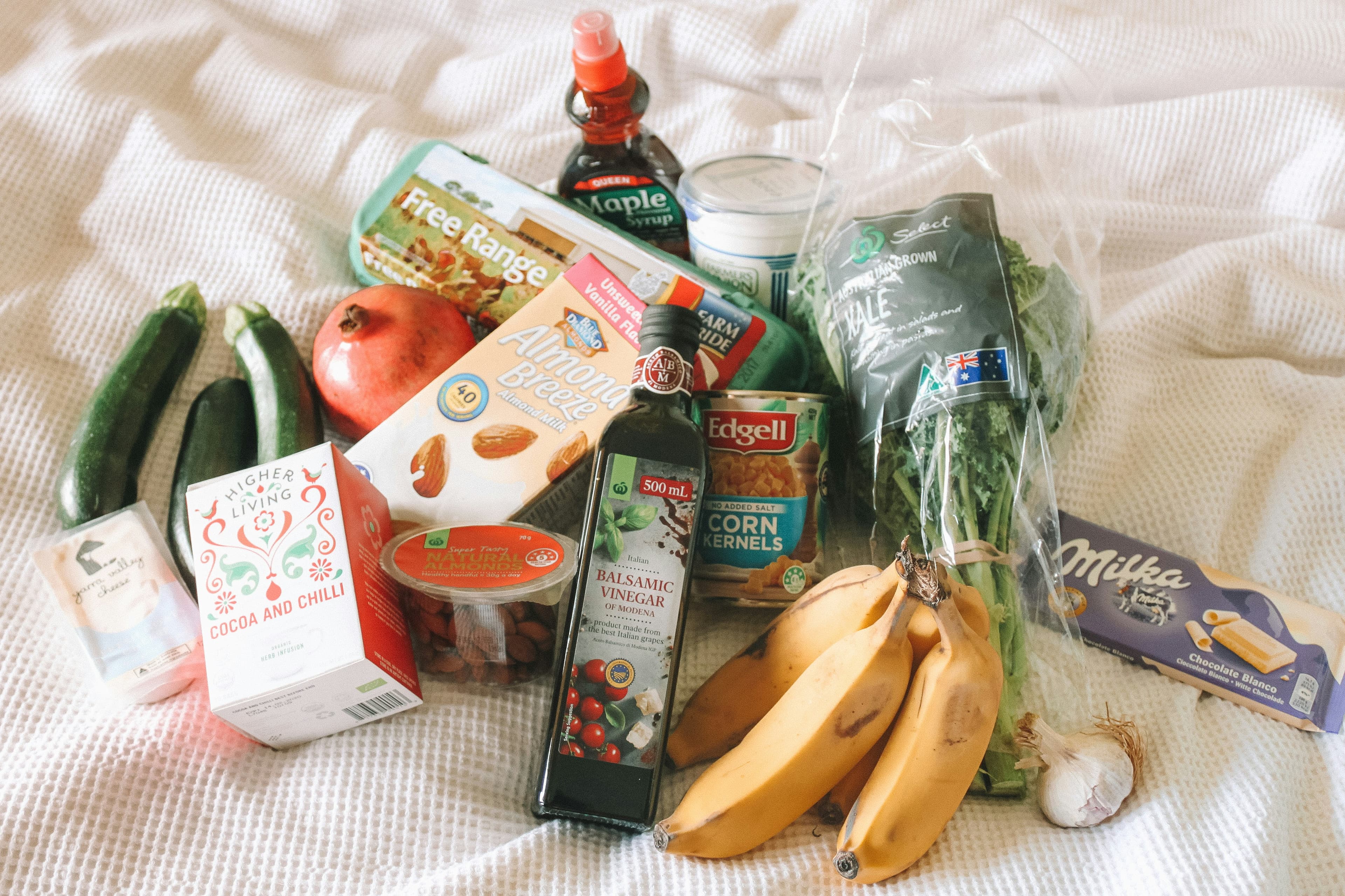Fresh groceries laid out on a counter