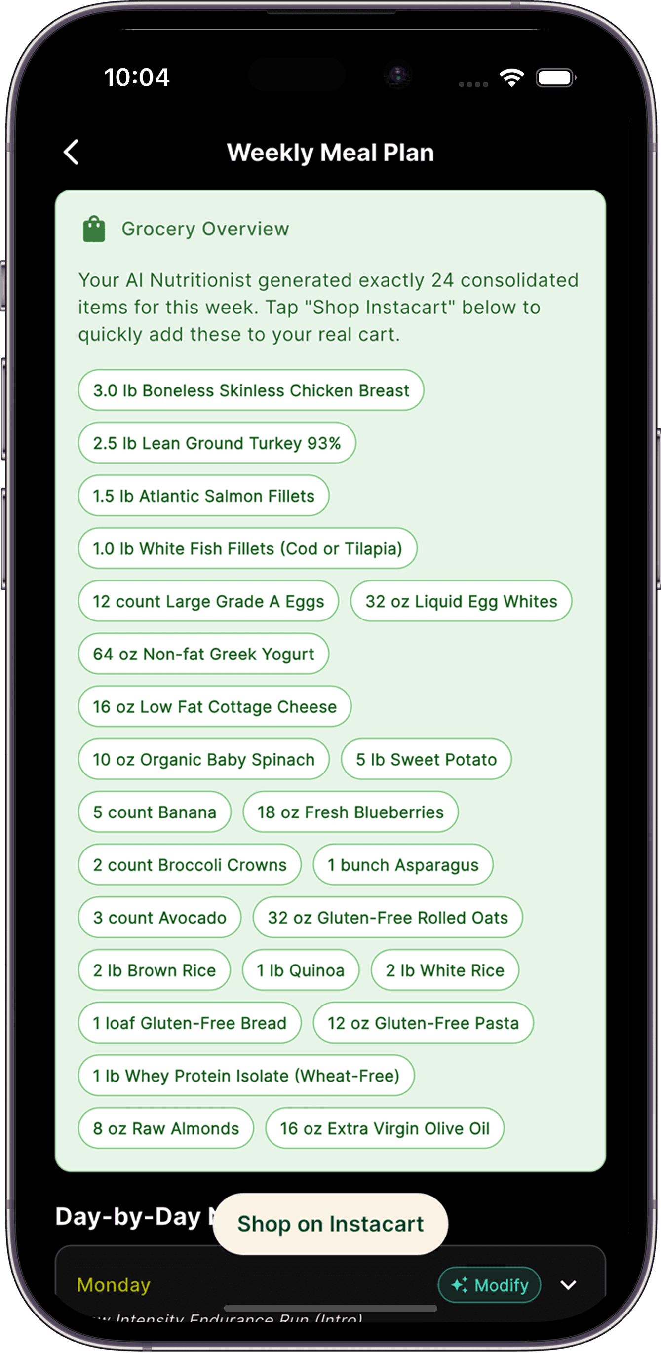 Fuelish Pro weekly meal plan screen with grocery overview and Shop on Instacart button