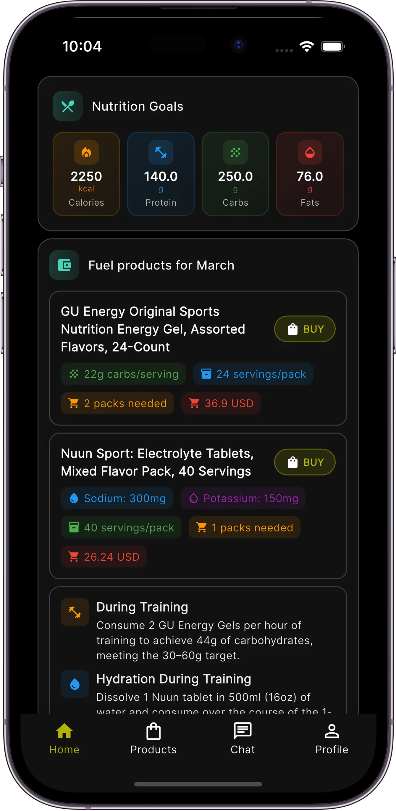 Fuelish Pro nutrition goals screen