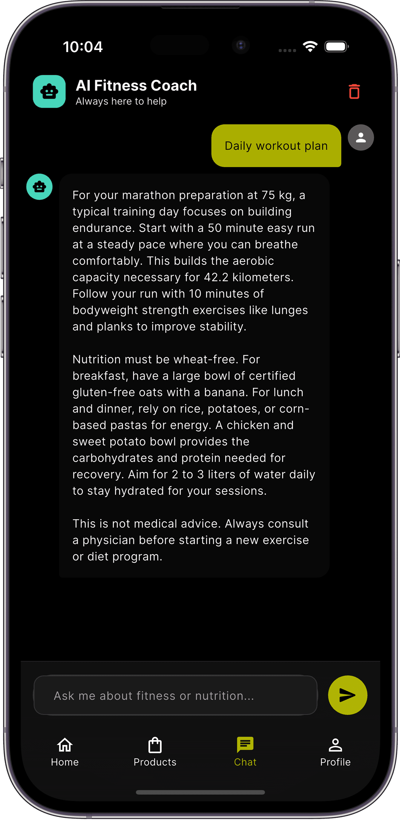 Fuelish app screen showing the AI coach conversation
